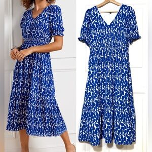 Talbots Size 8 Blue and White Midi Dress Romantic Casual Coastal Butterfly Fairy